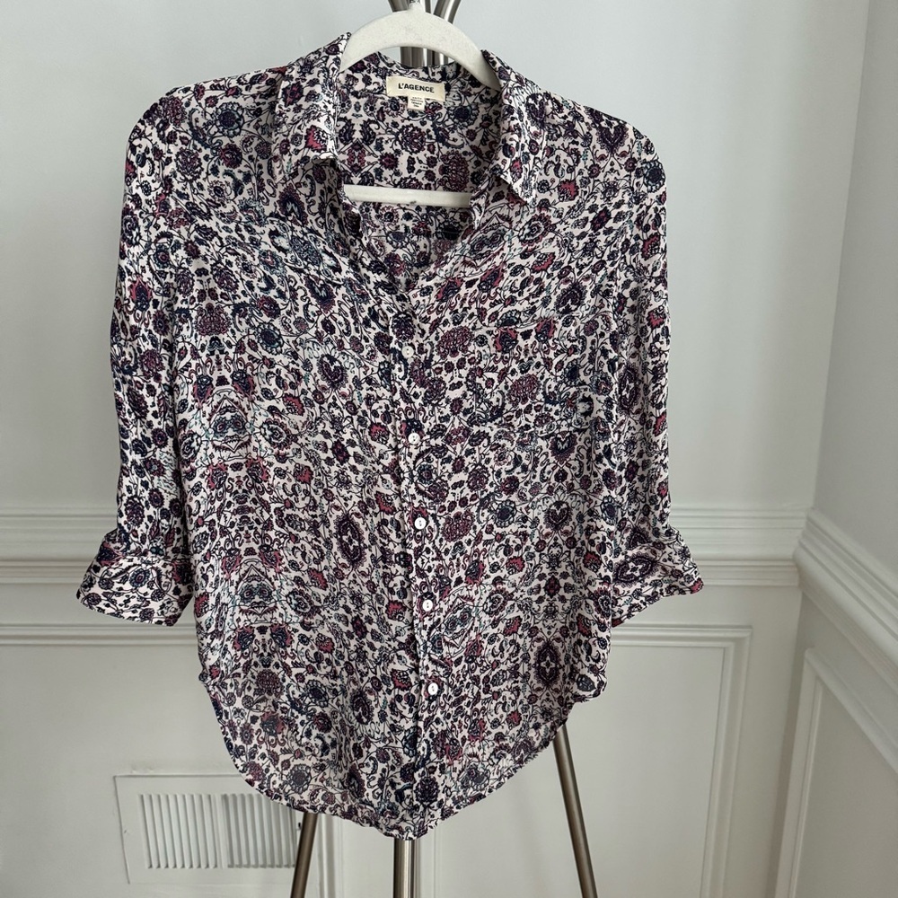 L’AGENCE 100% Silk Floral Print Blouse XS Plum Burgundy Tones